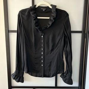 [8] Brooks Brothers 100% Silk Black Ruffle Neck Button Down Long Sleeve Blouse